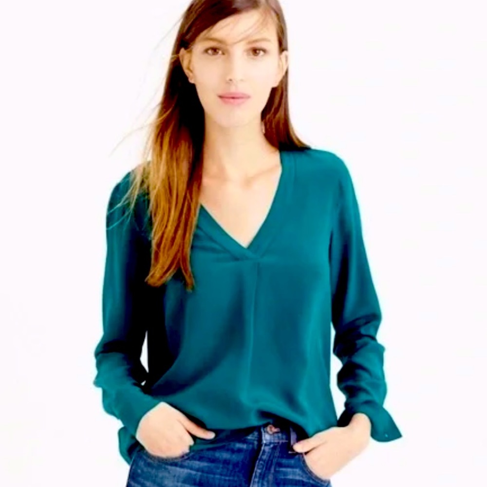 J. Crew Silk Drapey V-Neck Blue Blouse, Size 0